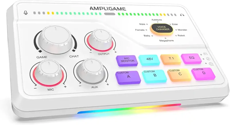 fifine gaming mixer for voice chat and streaming 7.1ch surround sound headphone amp xlr preamp usb plug & play voice changer rgb volume control 3 eq modes ampligame sc8