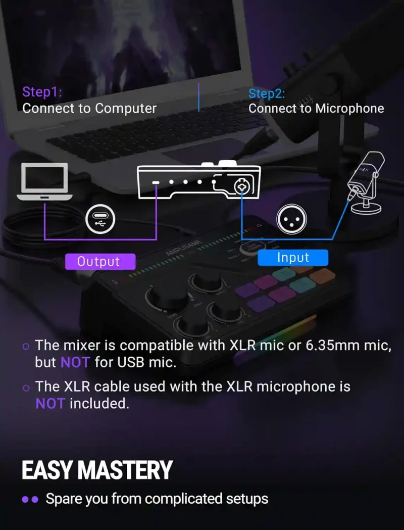 fifine gaming mixer for voice chat and streaming 7.1ch surround sound headphone amp xlr preamp usb plug & play voice changer rgb volume control 3 eq modes ampligame sc8
