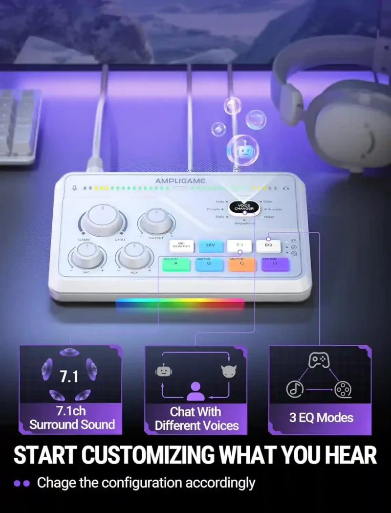 fifine gaming mixer for voice chat and streaming 7.1ch surround sound headphone amp xlr preamp usb plug & play voice changer rgb volume control 3 eq modes ampligame sc8
