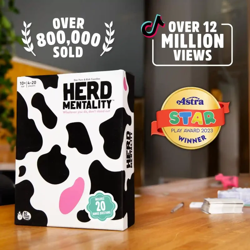 herd mentality: udderly funny family board game | easy & fun for big groups of 4 20 players | includes 20 extra exclusive questions