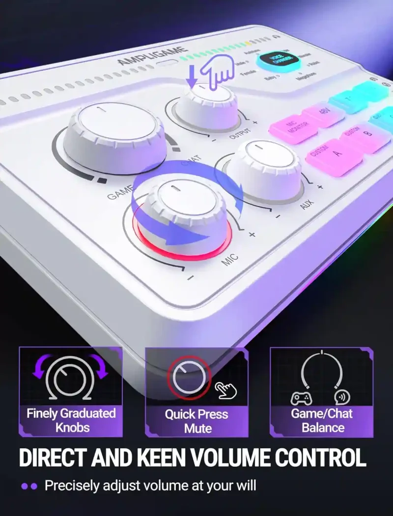 fifine gaming mixer for voice chat and streaming 7.1ch surround sound headphone amp xlr preamp usb plug & play voice changer rgb volume control 3 eq modes ampligame sc8