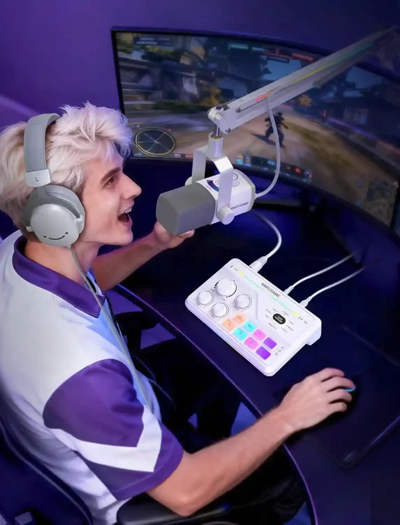 fifine gaming mixer for voice chat and streaming 7.1ch surround sound headphone amp xlr preamp usb plug & play voice changer rgb volume control 3 eq modes ampligame sc8