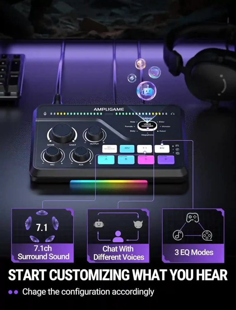 fifine gaming mixer for voice chat and streaming 7.1ch surround sound headphone amp xlr preamp usb plug & play voice changer rgb volume control 3 eq modes ampligame sc8