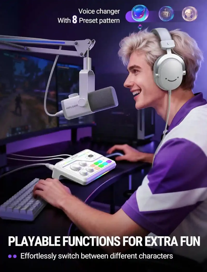 fifine gaming mixer for voice chat and streaming 7.1ch surround sound headphone amp xlr preamp usb plug & play voice changer rgb volume control 3 eq modes ampligame sc8