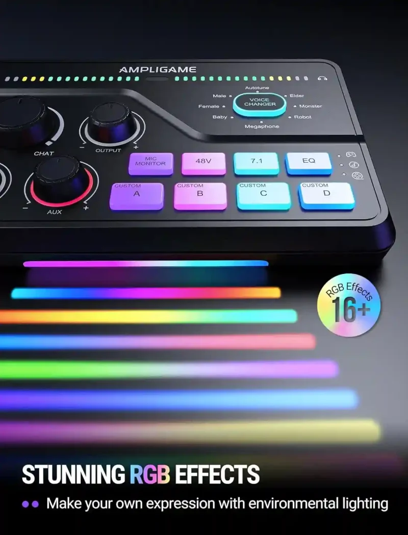 fifine gaming mixer for voice chat and streaming 7.1ch surround sound headphone amp xlr preamp usb plug & play voice changer rgb volume control 3 eq modes ampligame sc8