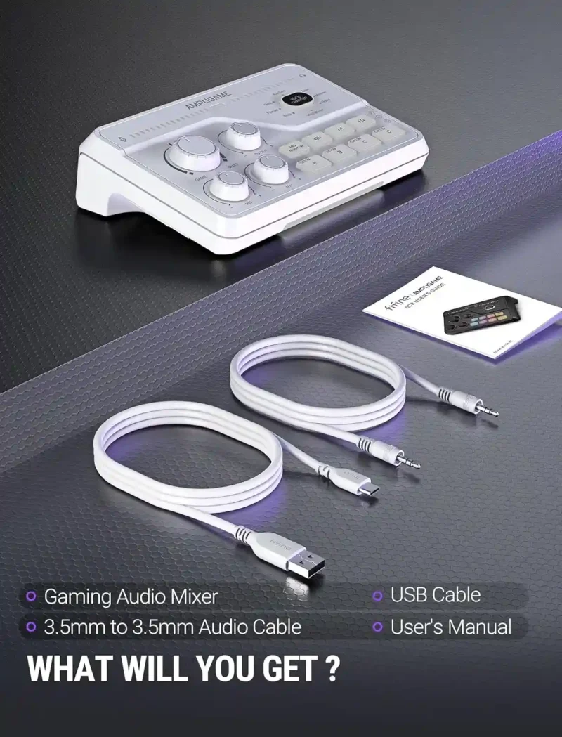 fifine gaming mixer for voice chat and streaming 7.1ch surround sound headphone amp xlr preamp usb plug & play voice changer rgb volume control 3 eq modes ampligame sc8