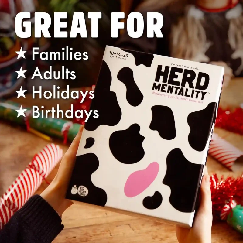 herd mentality: udderly funny family board game | easy & fun for big groups of 4 20 players | includes 20 extra exclusive questions
